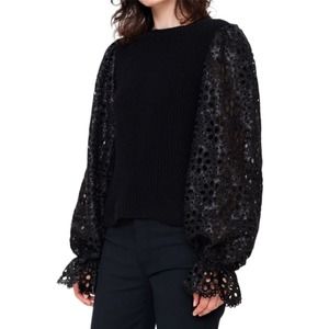 Sea New York Womens Sweater Shelby Black Wool Sequin Eyelet Balloon Sleeves S